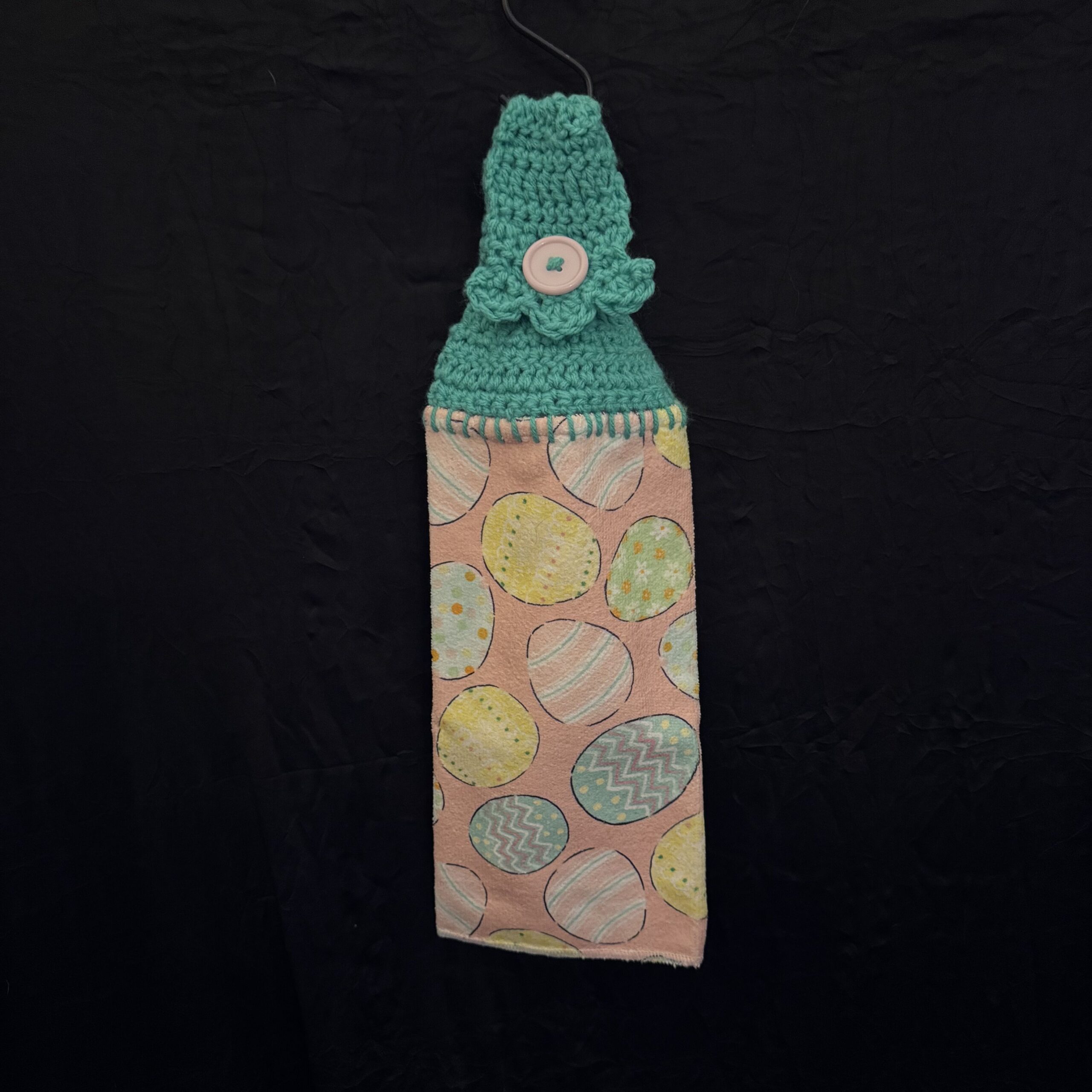 CrochetedTowel-EasterEgg-Pink-DarkTeal Crocheted Towel Easter Egg Pink DarkTeal - Image 1