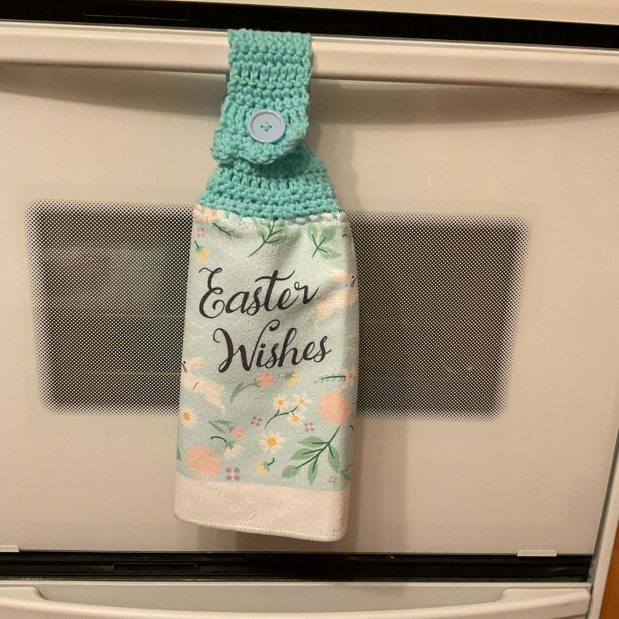 CrochetedTowel_EasterWishes-Teal-1 Crocheted Towel Easter Wishes Teal 1 - Image 1