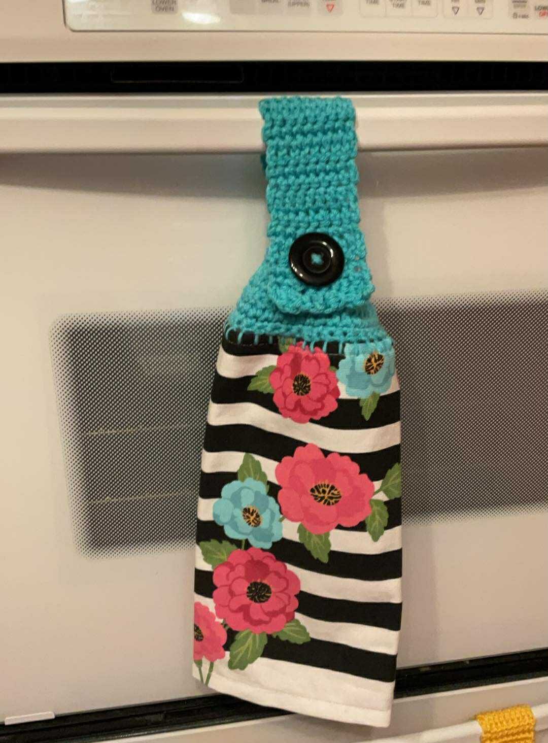 Crocheted_Towels-Floral_Towels-CrochetedTowel_FlowerPinkTeal Crocheted Towel Flower Pink Teal - Image 1